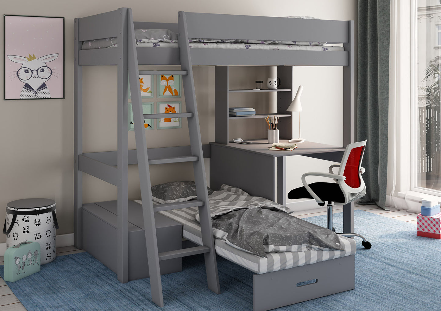 Estella Grey High Sleeper Bed Frame With Desk & Grey Futon Bed time4sleepadmin