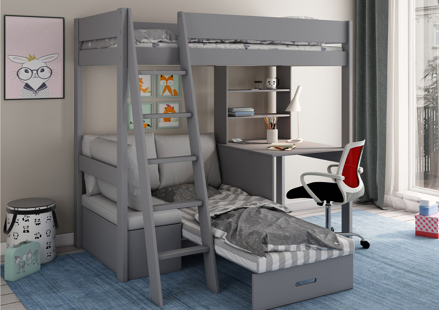 Estella Grey High Sleeper Bed Frame With Desk & Grey Futon Bed time4sleepadmin
