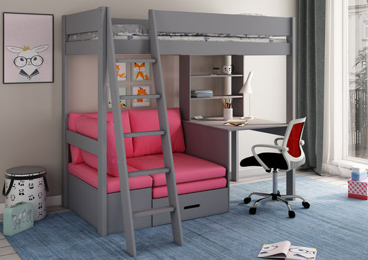 Estella Grey High Sleeper Bed Frame With Desk & Pink Futon Bed time4sleepadmin