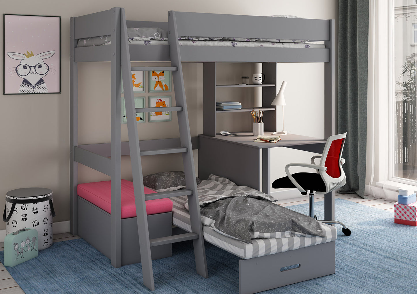 Estella Grey High Sleeper Bed Frame With Desk & Pink Futon Bed time4sleepadmin