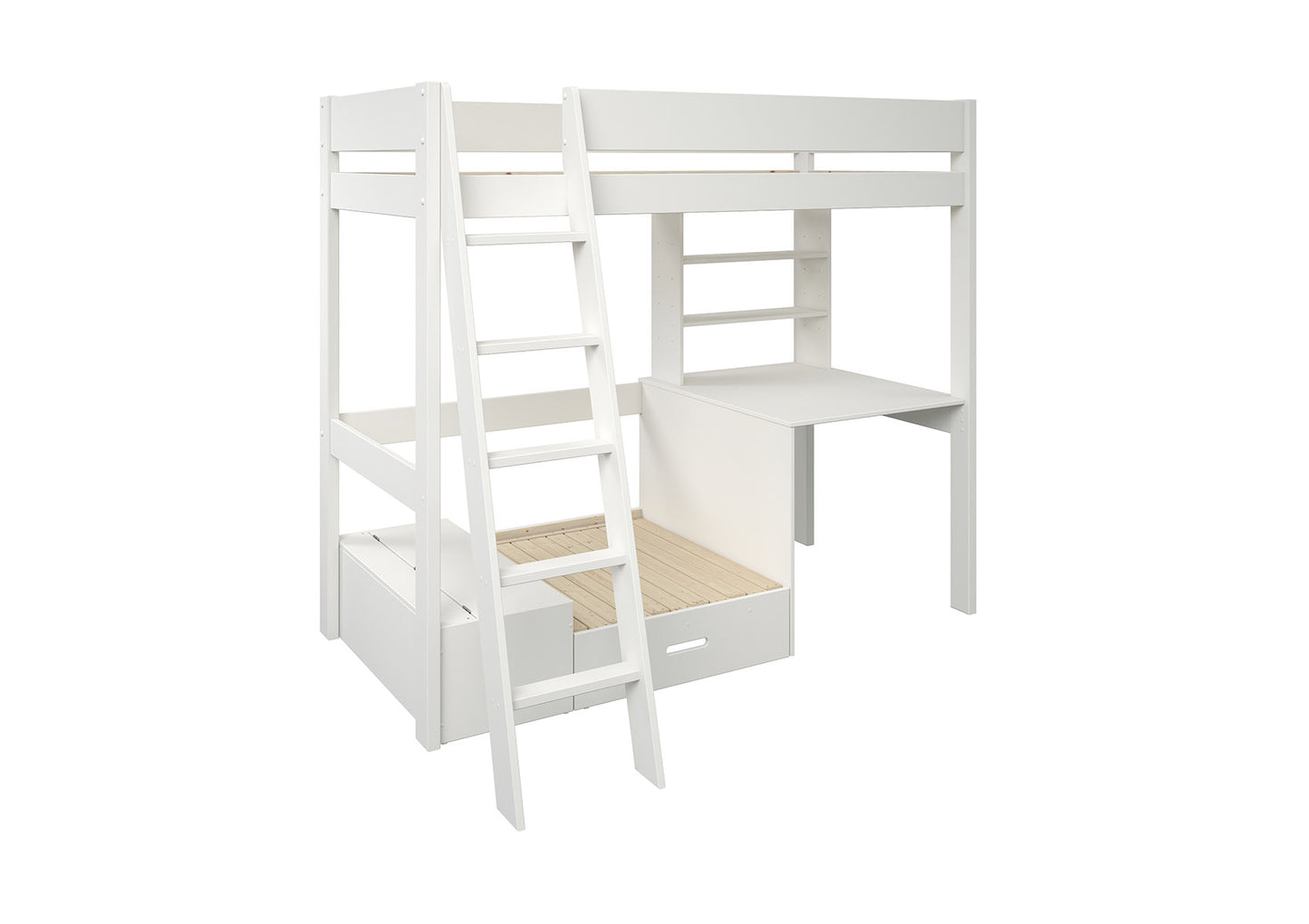 Estella White High Sleeper Bed Frame With Desk & Pink Futon Bed time4sleepadmin