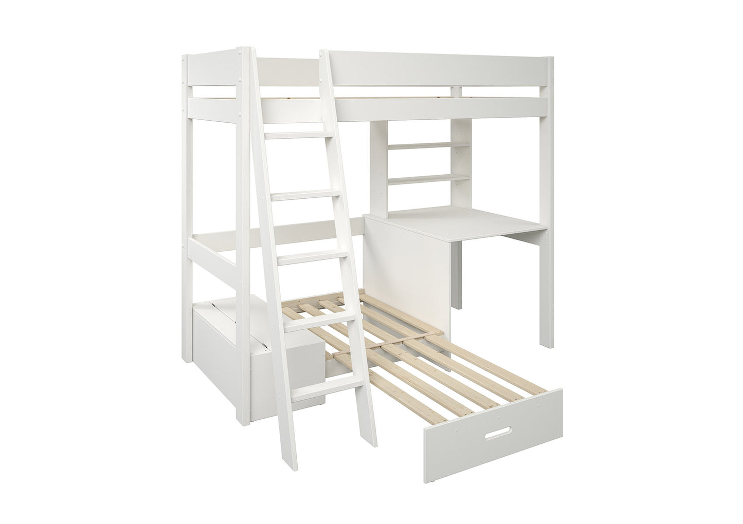 Estella White High Sleeper Bed Frame With Desk & Grey Futon Bed time4sleepadmin