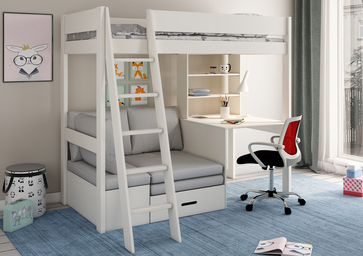 Estella White High Sleeper Bed Frame With Desk & Grey Futon Bed time4sleepadmin