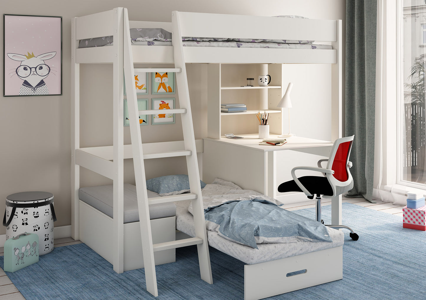 Estella White High Sleeper Bed Frame With Desk & Grey Futon Bed time4sleepadmin