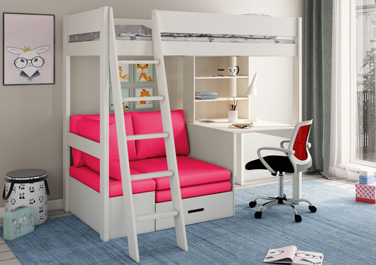 Estella White High Sleeper Bed Frame With Desk & Pink Futon Bed time4sleepadmin