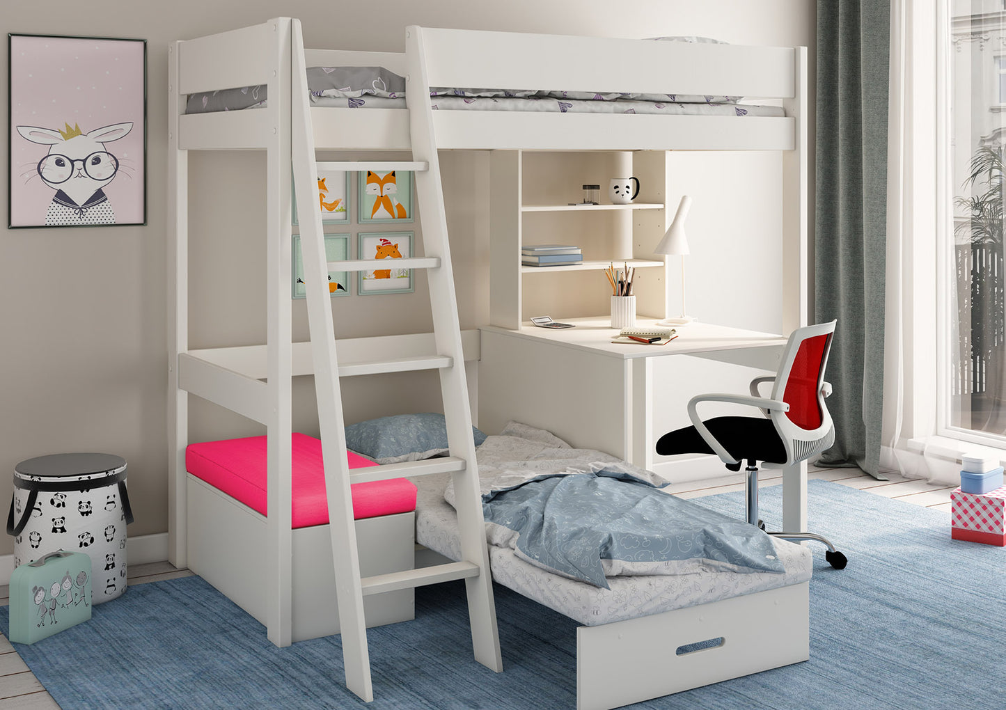 Estella White High Sleeper Bed Frame With Desk & Pink Futon Bed time4sleepadmin