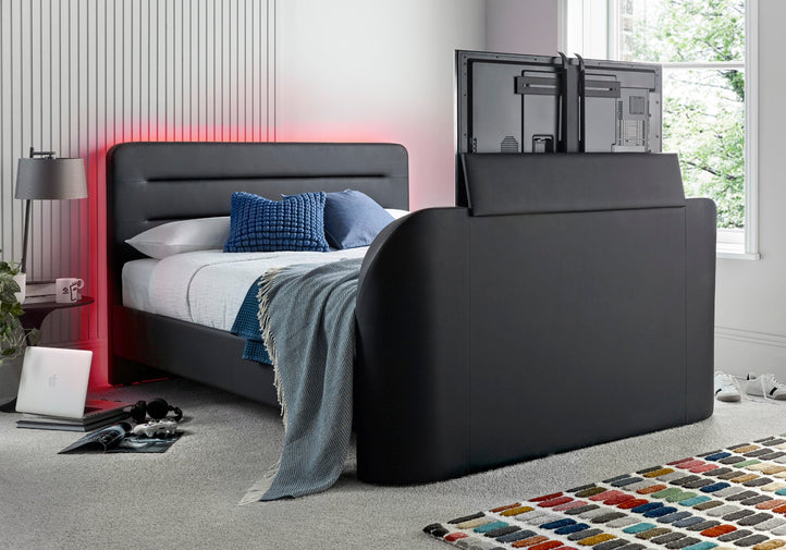 Fuzion Charcoal Faux Leather Upholstered TV Bed Frame Bed Importas