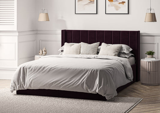 Harmony Winged Classic Hugo Aubergine Upholstered Ottoman Bed Frame Only Bed Time4Sleep Manufacturing Single