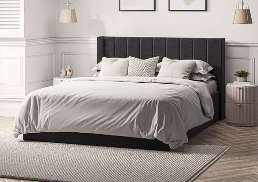 Harmony Winged Classic Hugo Charcoal Upholstered Ottoman Bed Frame Only Bed Time4Sleep Manufacturing Single