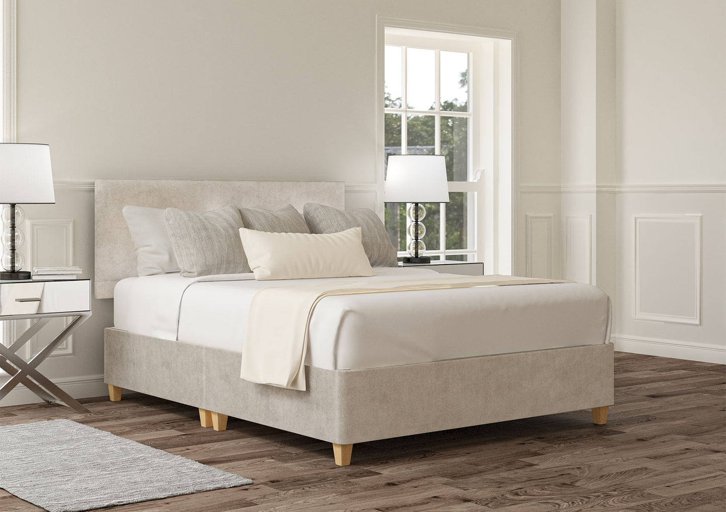 Henley Upholstered Headboard and Shallow Base On Legs Bed time4sleepadmin Compact Double Verona Silver