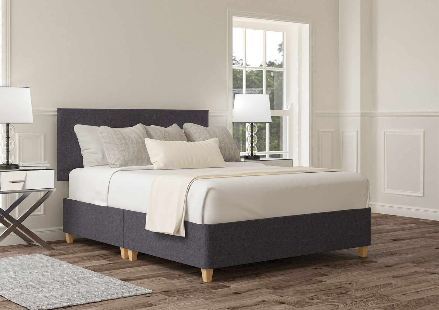 Henley Upholstered Headboard and Shallow Base On Legs Bed Time4Sleep Compact Double Siera Denim