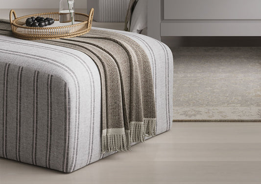 Hunstanton Grey Striped Upholstered Pouffe Stool Furniture LPD Furniture
