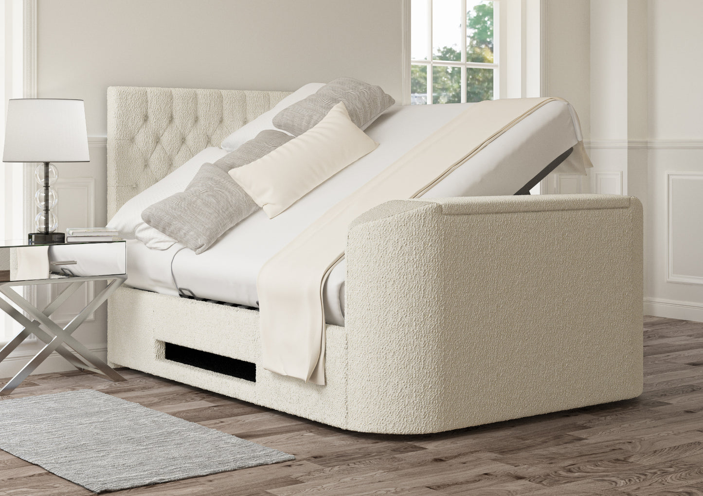 Claridge Upholstered Boucle Ivory Ottoman TV Bed - Bed Frame Only Bed time4sleepadmin