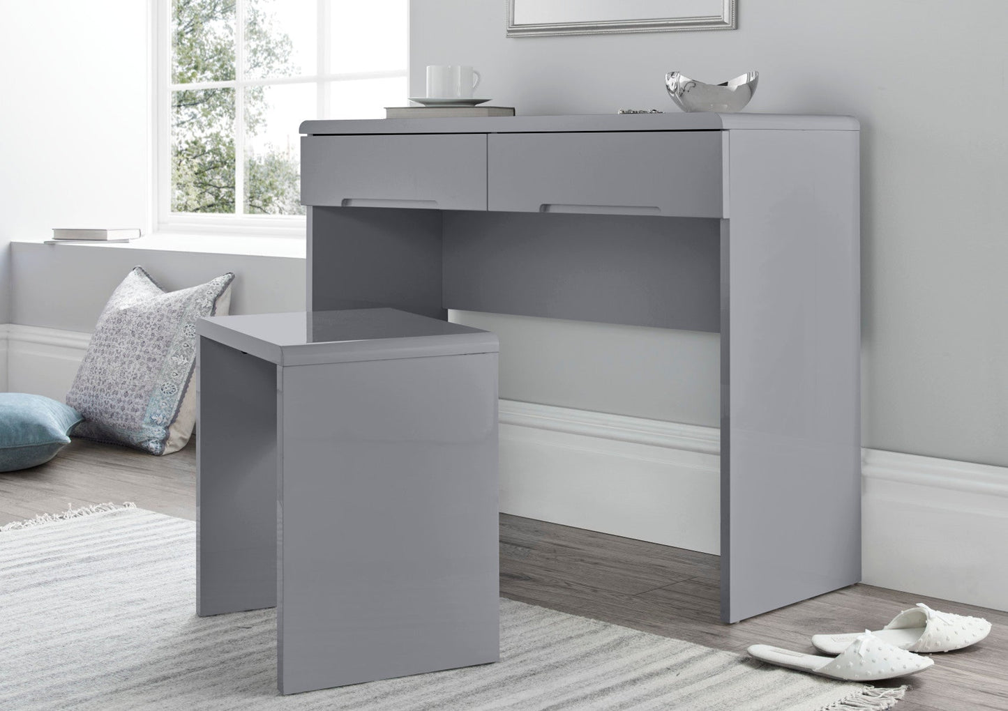 Julian Bowen Manhattan 2 Drawer Grey Dressing Table With Stool Furniture Time4Sleep