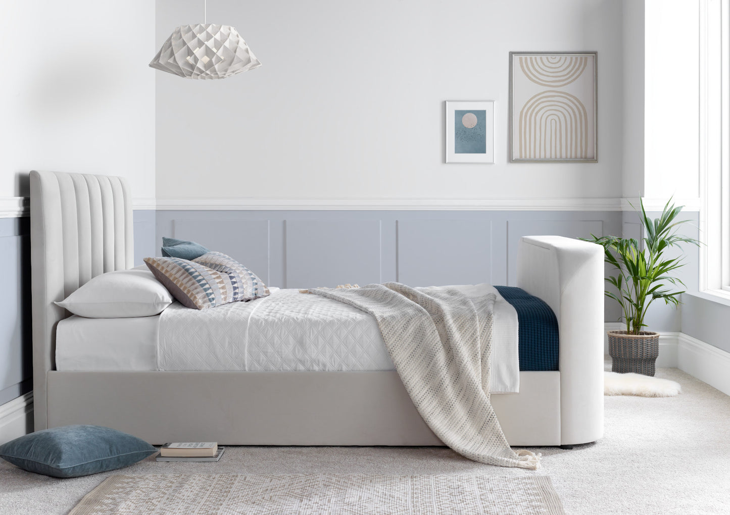 Lucille Upholstered TV Bed Natural Velvet Bed Frame Only Bed time4sleepadmin