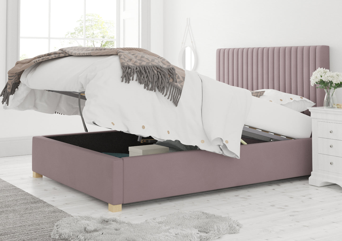 Levisham Ottoman Plush Velvet Blush Bed Frame Only Bed time4sleepadmin Compact Double