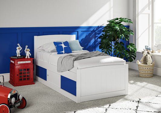 Maxistore 3 Door White/Blue Wooden Storage Single Bed Frame Bed time4sleepadmin
