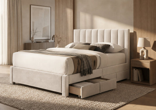 Mayfair 4 Drawer Beige Upholstered Bed Frame - Bed - Time4Sleep