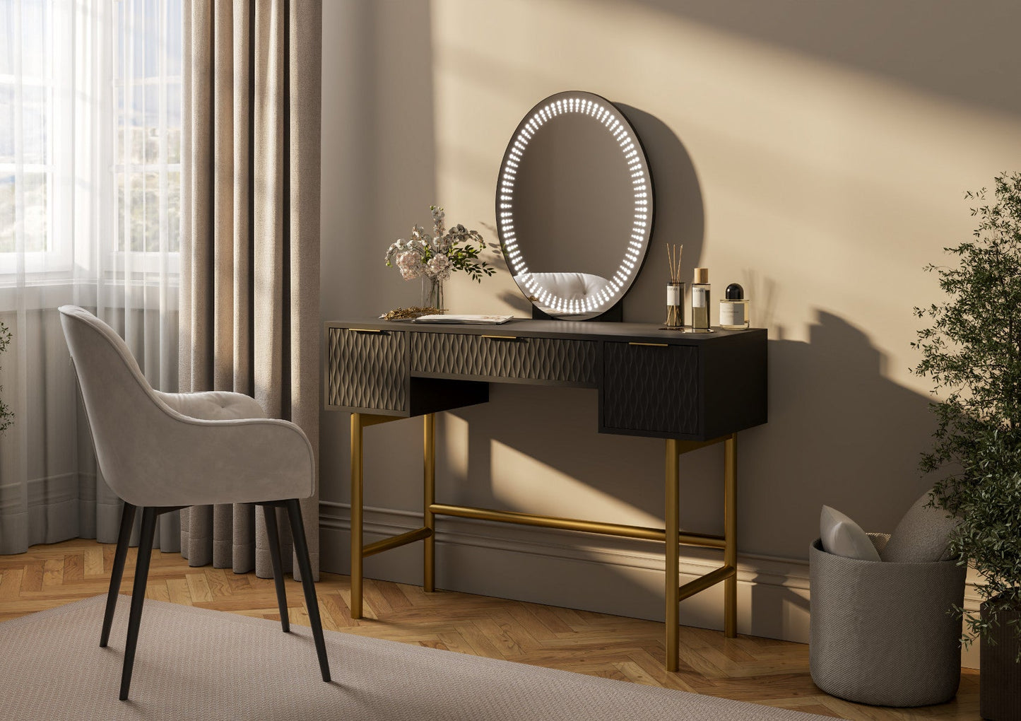 Miami 3 Drawer Black and Gold Dressing Table Including Mirror Time4Sleep Miami 3 Drawer Black and Gold Dressing Table Including Mirror Time4Sleep