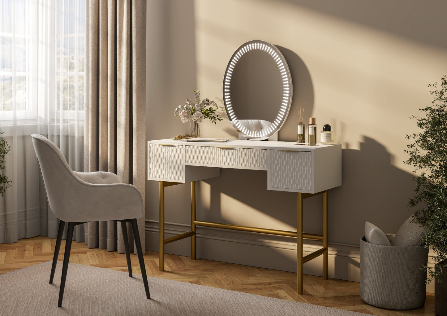 Miami 3 Drawer White and Gold Dressing Table Including Mirror
