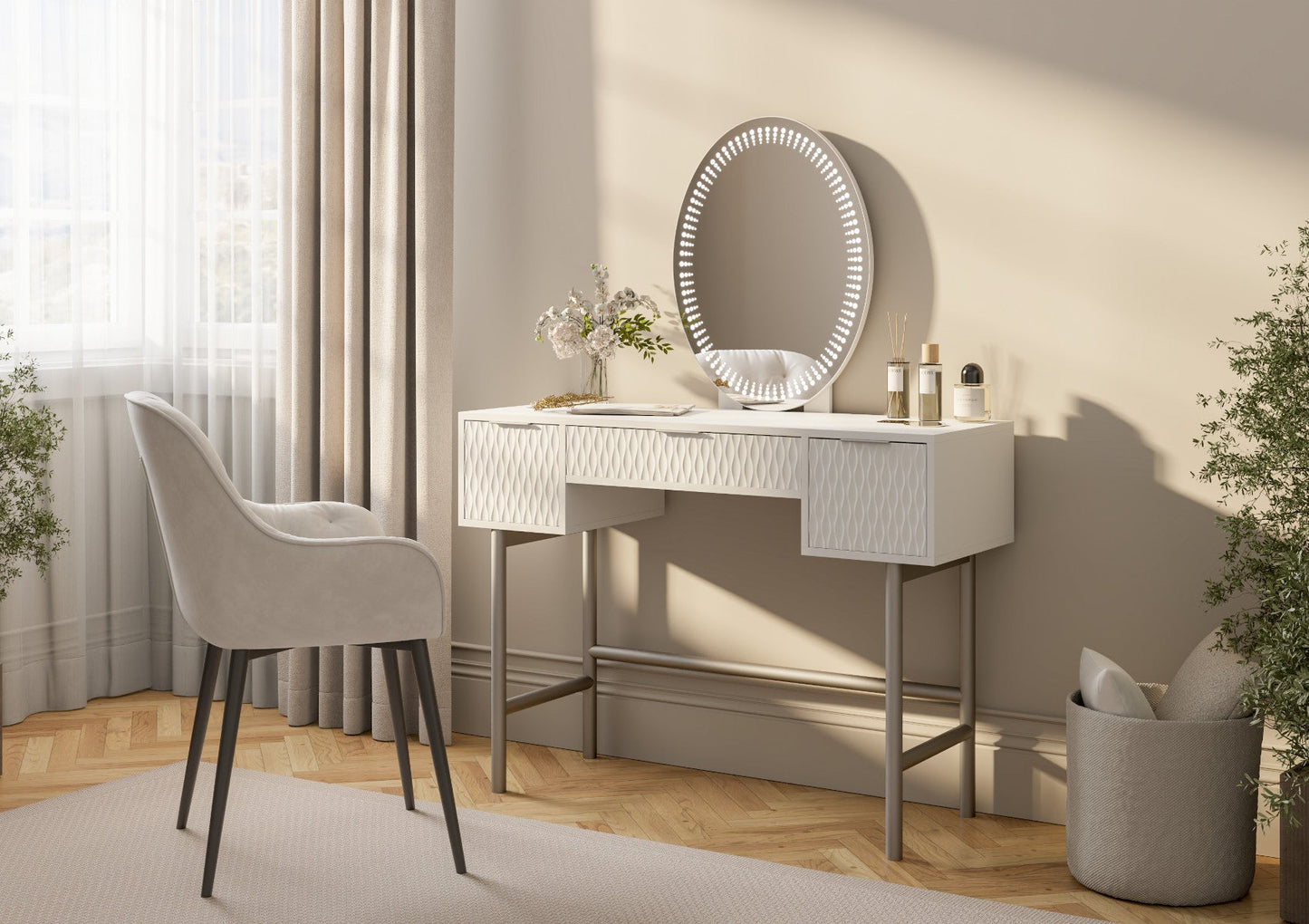 Miami 3 Drawer White and Silver Dressing Table Including Mirror Furniture Importas Default Title