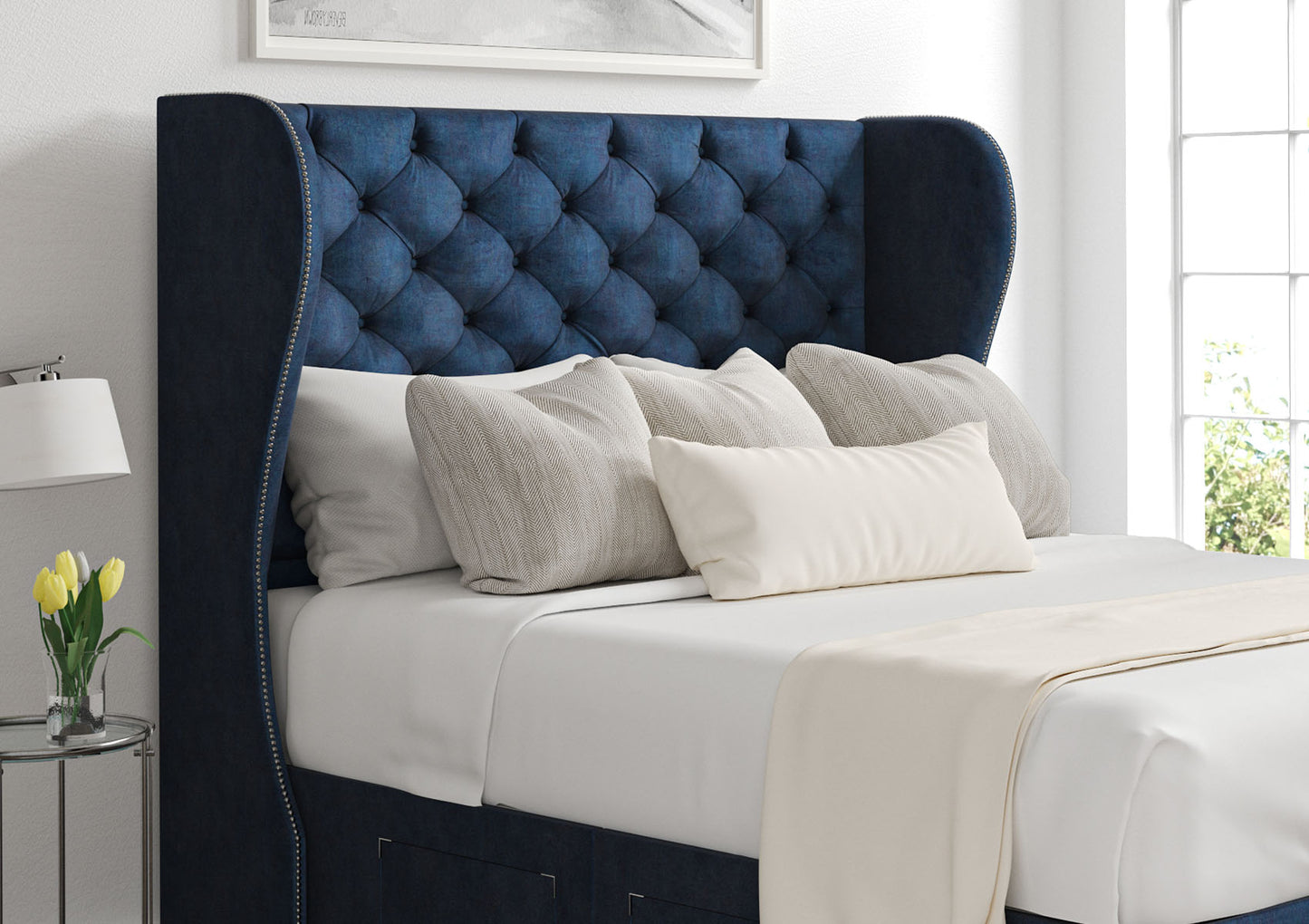 Miami Winged Upholstered Headboard and Ottoman Base Bed time4sleepadmin