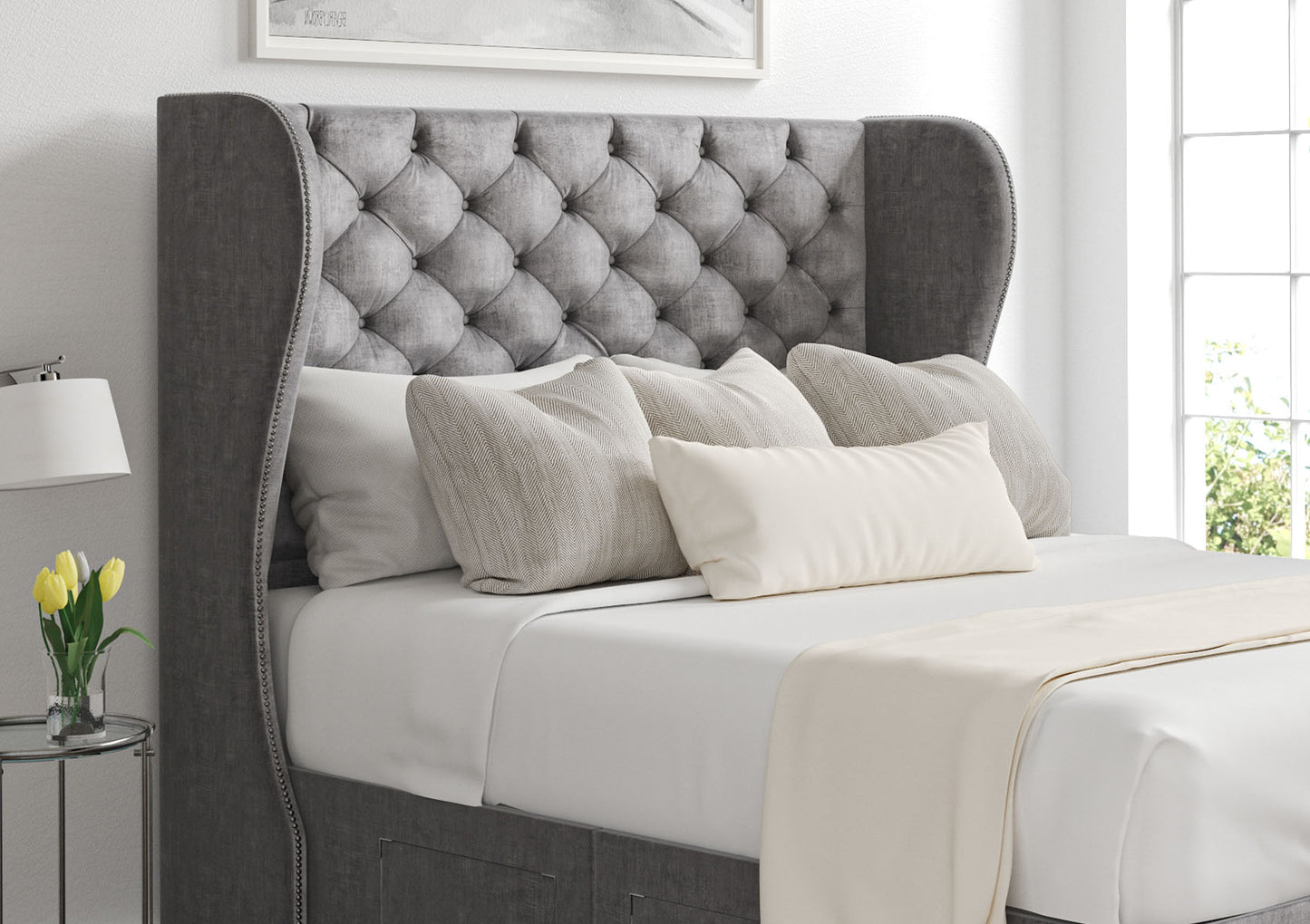 Miami Winged Upholstered Floor Standing Headboard Only Furniture time4sleepadmin Compact Double Heritage Steel