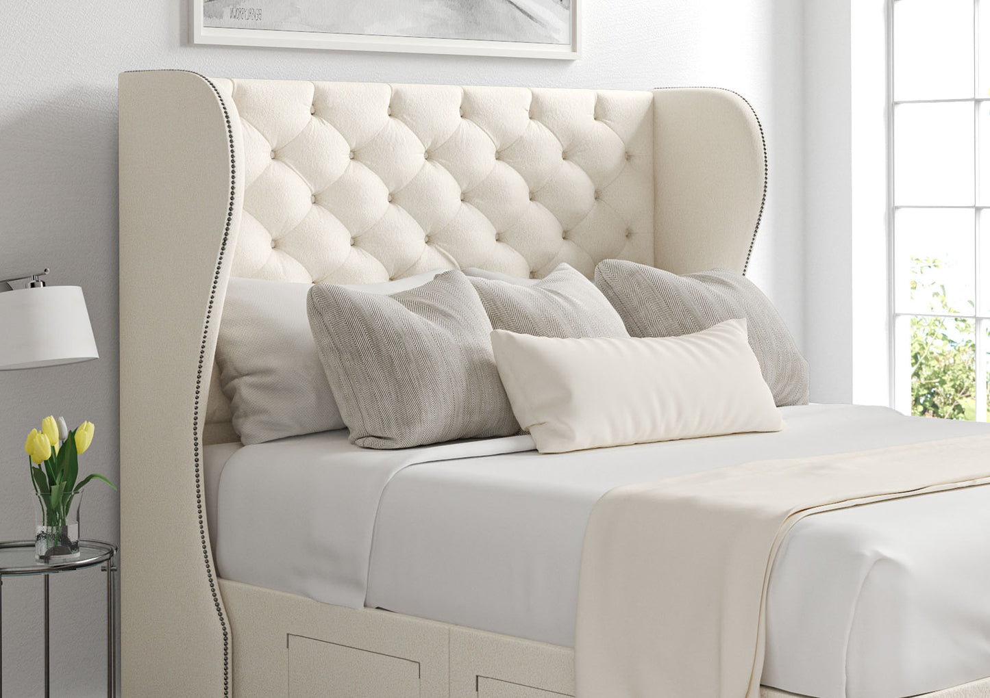 Miami Winged Upholstered Floor Standing Headboard Only Furniture time4sleepadmin Compact Double Teddy Cream