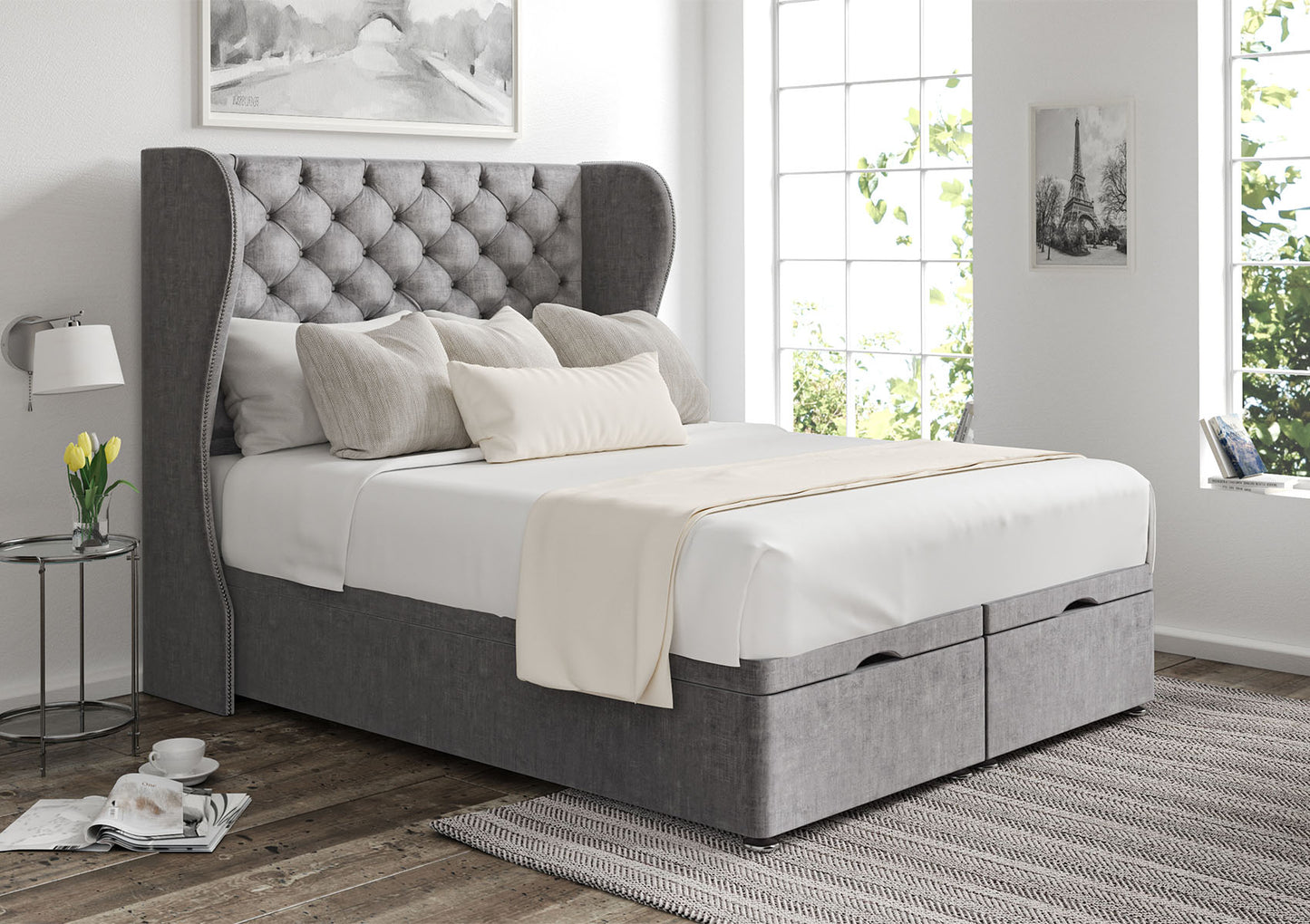 Miami Winged Upholstered Headboard and Ottoman Base