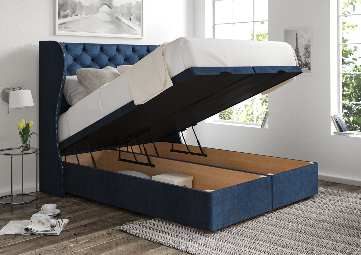 Miami Winged Upholstered Headboard and Ottoman Base Bed time4sleepadmin