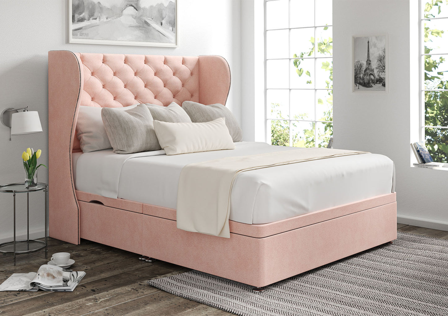 Miami Winged Upholstered Headboard and Ottoman Base Bed time4sleepadmin Single Side Ottoman Storage Arlington Candyfloss