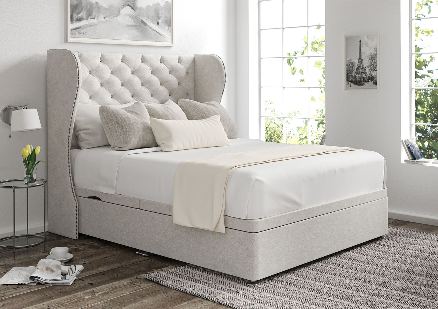 Miami Winged Upholstered Headboard and Ottoman Base Bed time4sleepadmin Single Side Ottoman Storage Arlington Ice