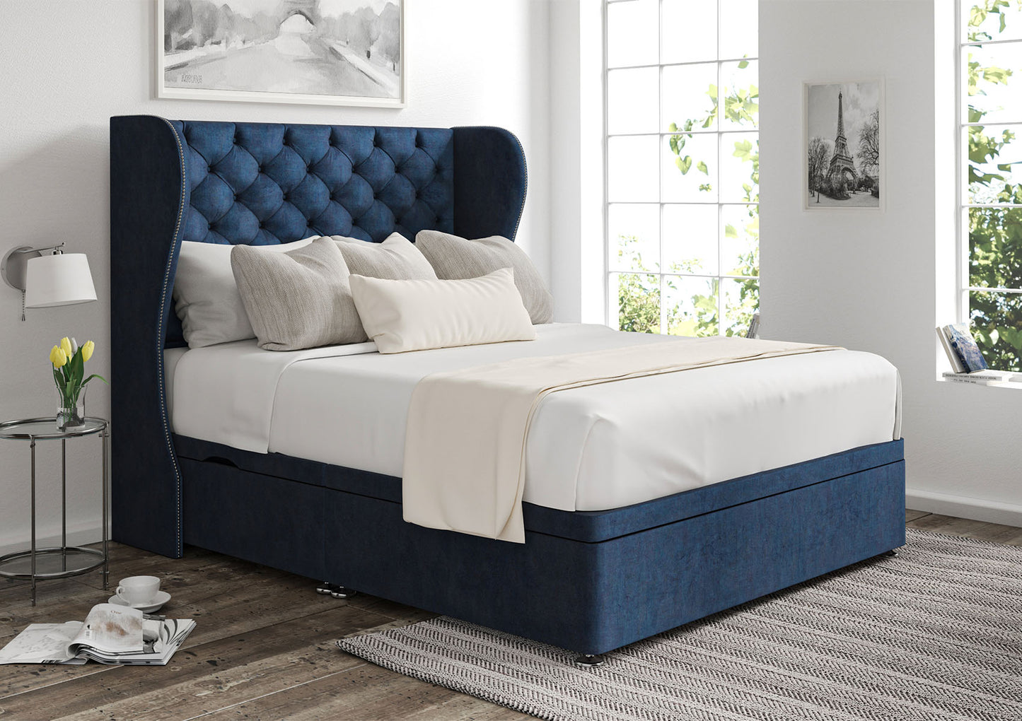 Miami Winged Upholstered Headboard and Ottoman Base Bed time4sleepadmin Single Side Ottoman Storage Heritage Royal