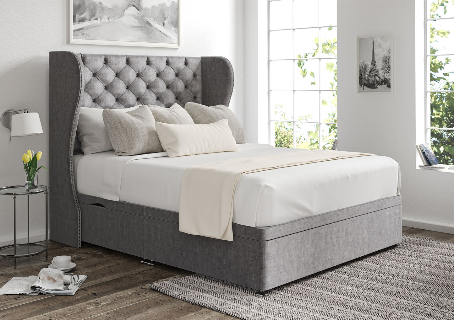 Miami Winged Upholstered Headboard and Ottoman Base