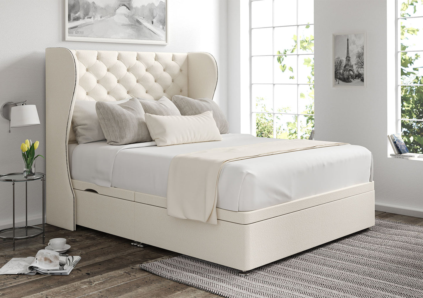 Miami Winged Upholstered Headboard and Ottoman Base Bed time4sleepadmin Single Side Ottoman Storage Teddy Cream