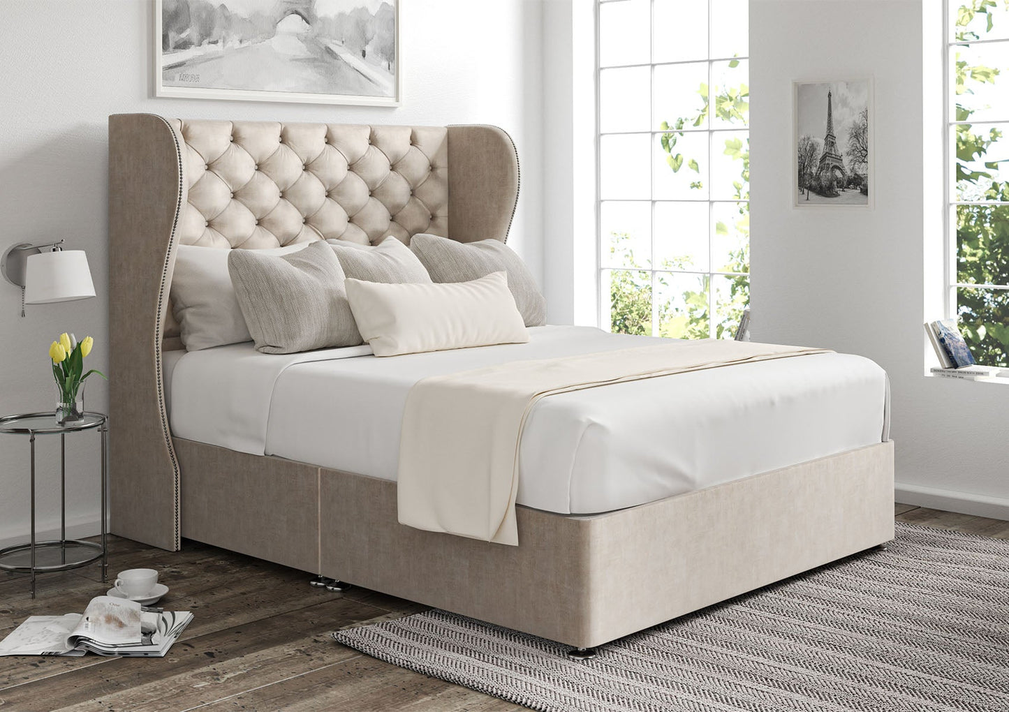 Miami Winged Upholstered Headboard and Divan Base Bed Time4Sleep Single Non-Storage Heritage Mink