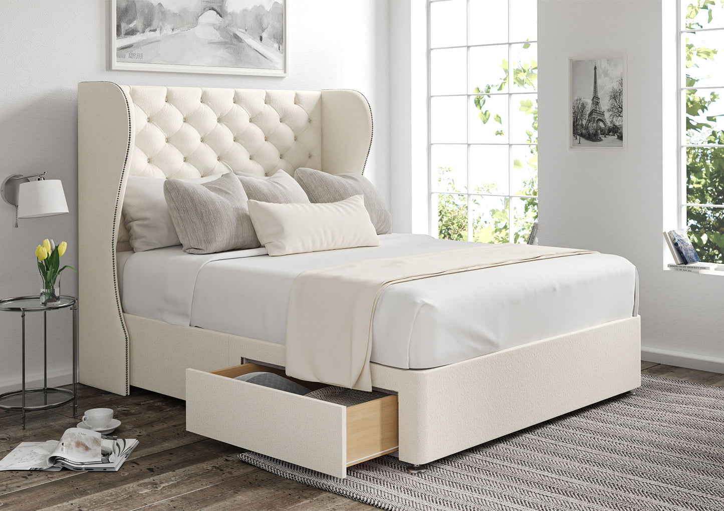 Miami Winged Upholstered Headboard and Divan Base - Bed - Time4Sleep