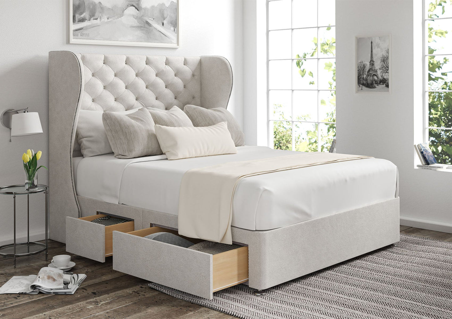 Miami Winged Upholstered Headboard and Divan Base - Bed - Time4Sleep