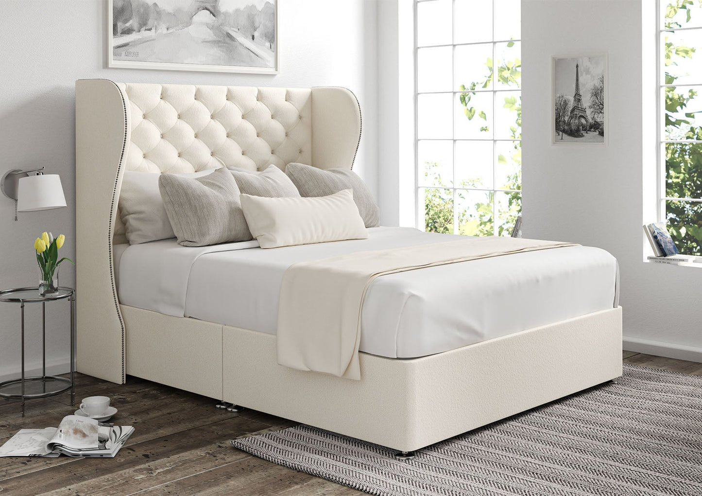 Miami Winged Upholstered Headboard and Divan Base Bed Time4Sleep Compact Double Non-Storage Teddy Cream