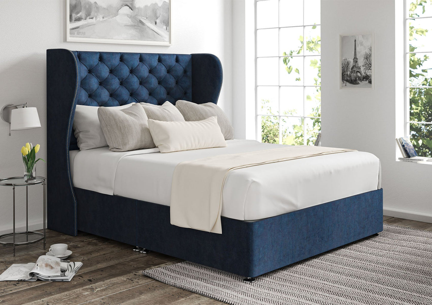 Miami Winged Upholstered Headboard and Divan Base Bed Time4Sleep Compact Double Non-Storage Heritage Royal