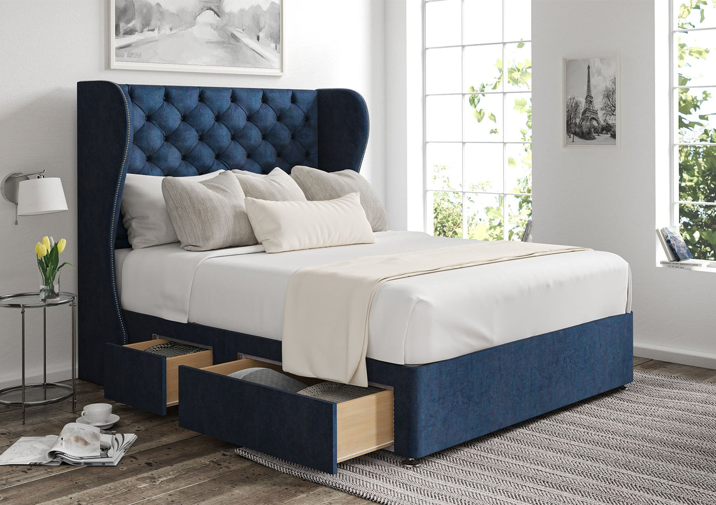 Miami Winged Upholstered Headboard and Divan Base - Bed - Time4Sleep