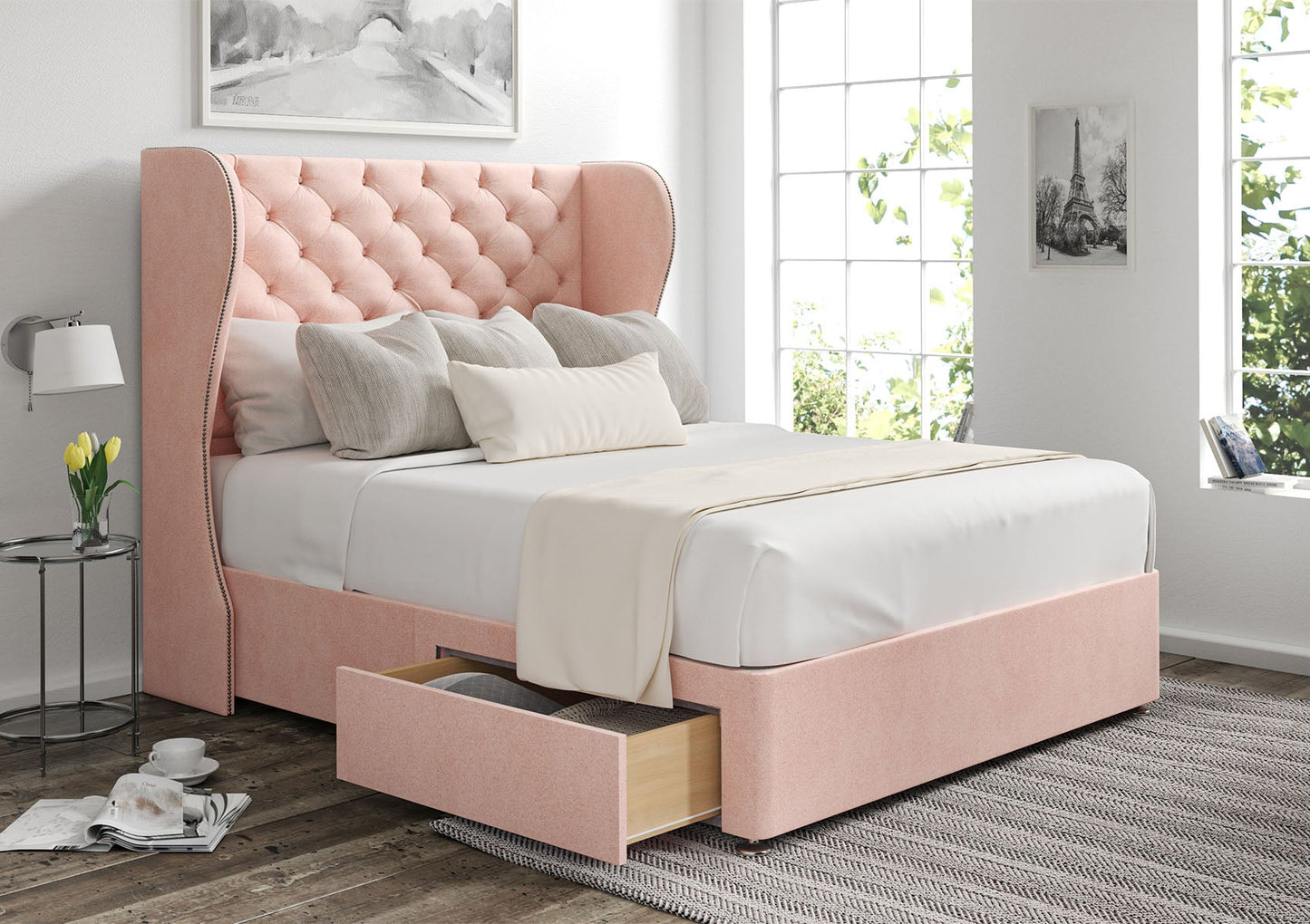 Miami Winged Upholstered Headboard and Divan Base - Bed - Time4Sleep