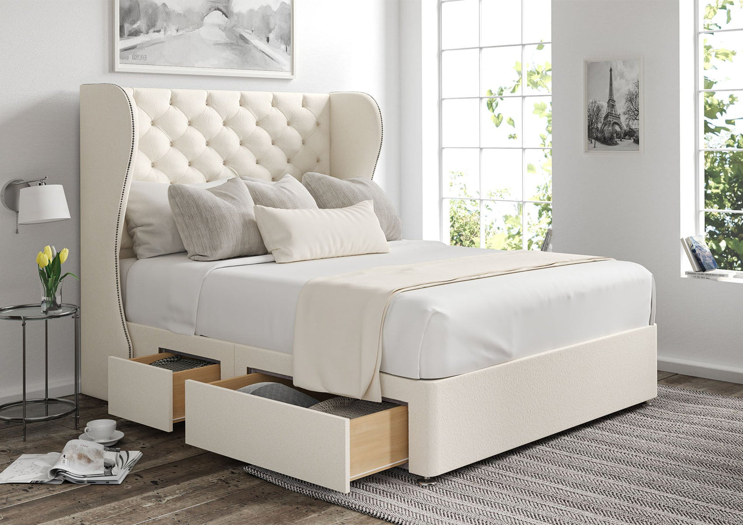 Miami Winged Upholstered Headboard and Divan Base - Bed - Time4Sleep
