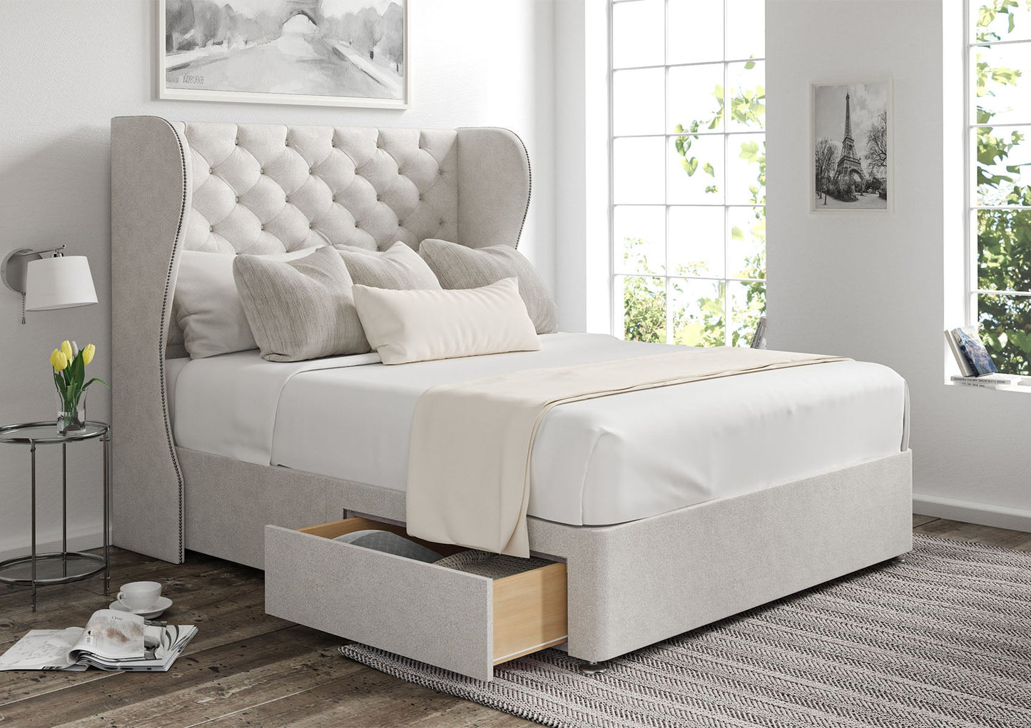 Miami Winged Upholstered Headboard and Divan Base - Bed - Time4Sleep