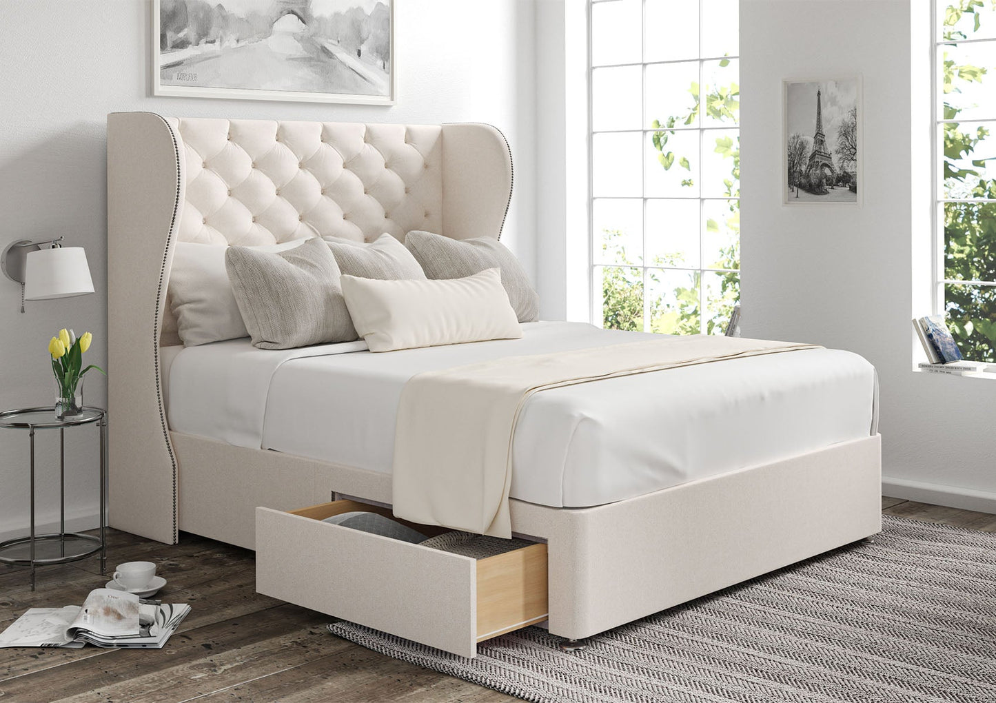 Miami Winged Upholstered Headboard and Divan Base - Bed - Time4Sleep