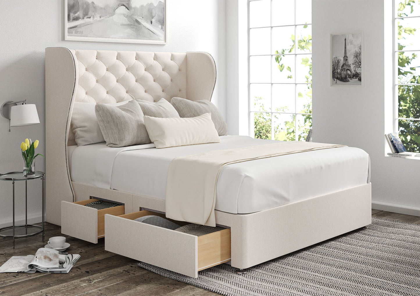 Miami Winged Upholstered Headboard and Divan Base - Bed - Time4Sleep