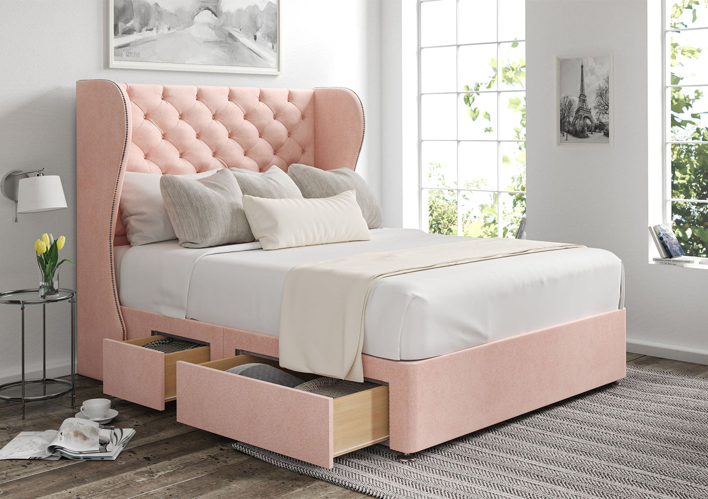 Miami Winged Upholstered Headboard and Divan Base - Bed - Time4Sleep