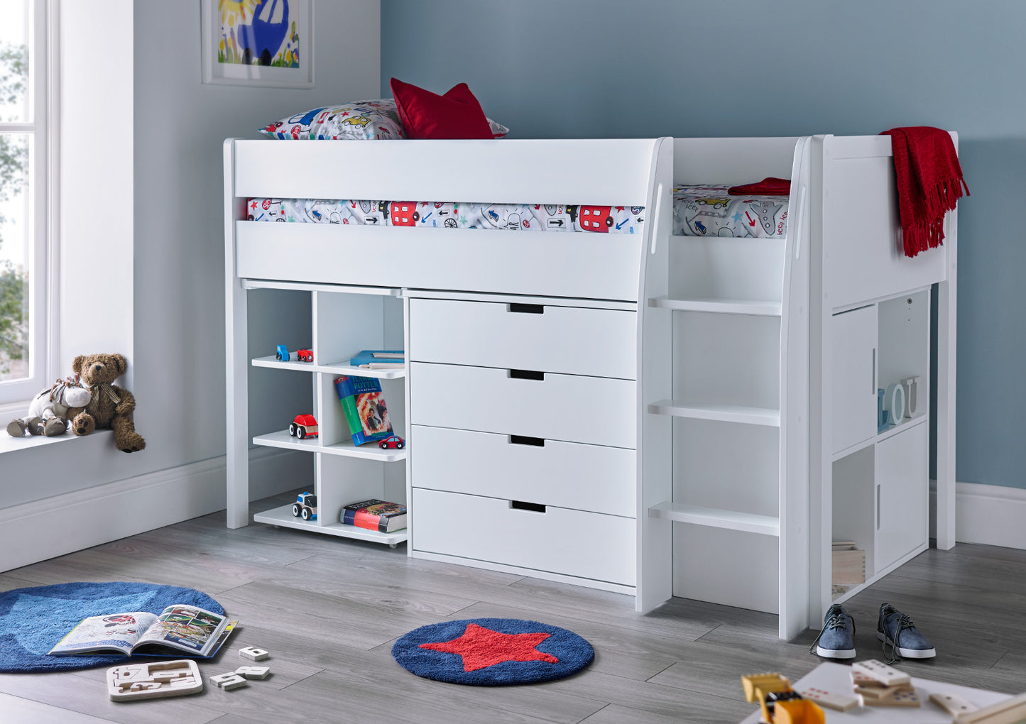 Montana Mid Sleeper With desk, 4 Drawer Chest and 2 Door Quad Unit Bed time4sleepadmin