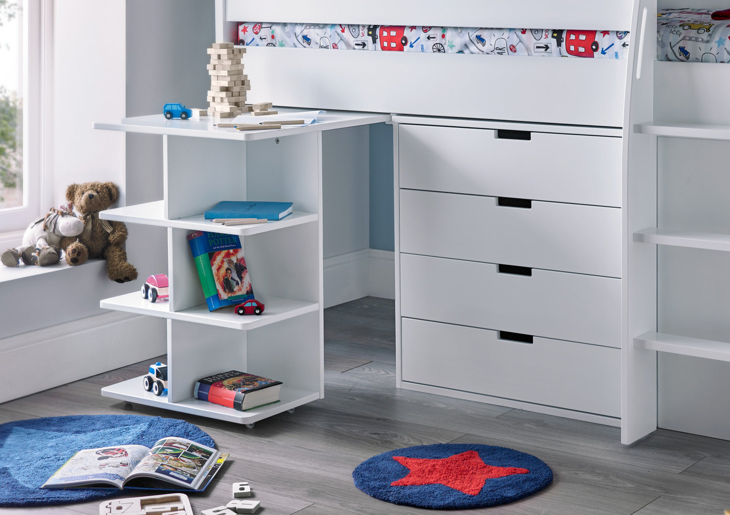 Montana Mid Sleeper With desk, 4 Drawer Chest and 2 Door Quad Unit Bed time4sleepadmin