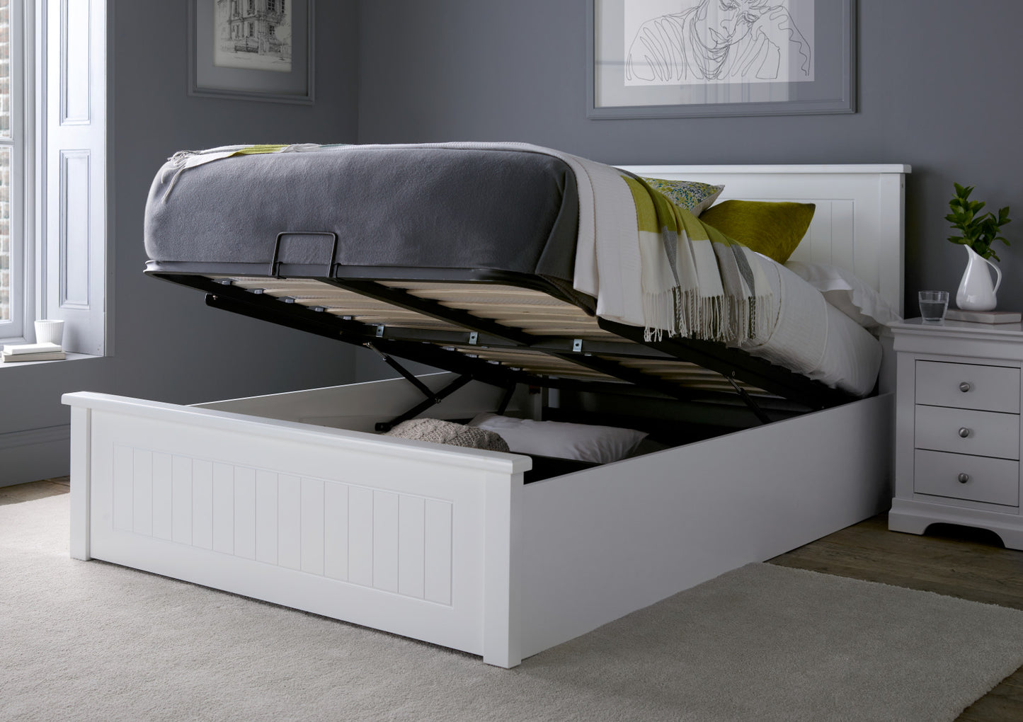 New England White Wooden Ottoman Storage Bed Bed time4sleepadmin King